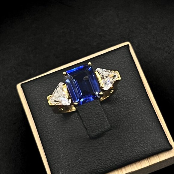 Vintage Blue Sapphire Ring With Cubic Zirconia Gold-Plated Sterling Silver - Picture 7 of 7